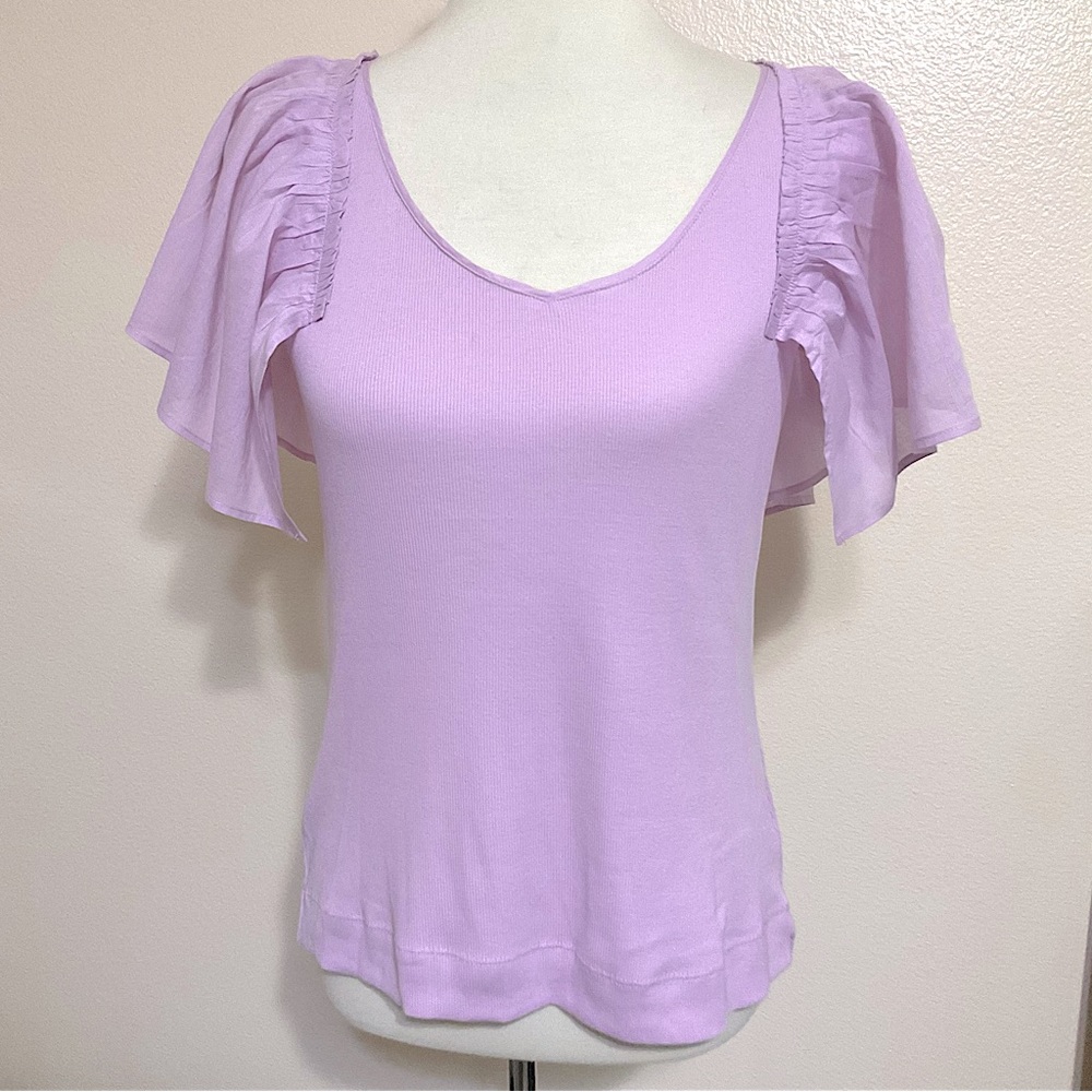 1. State Flutter Sleeve Rib Knit T-Shirt Lavender M